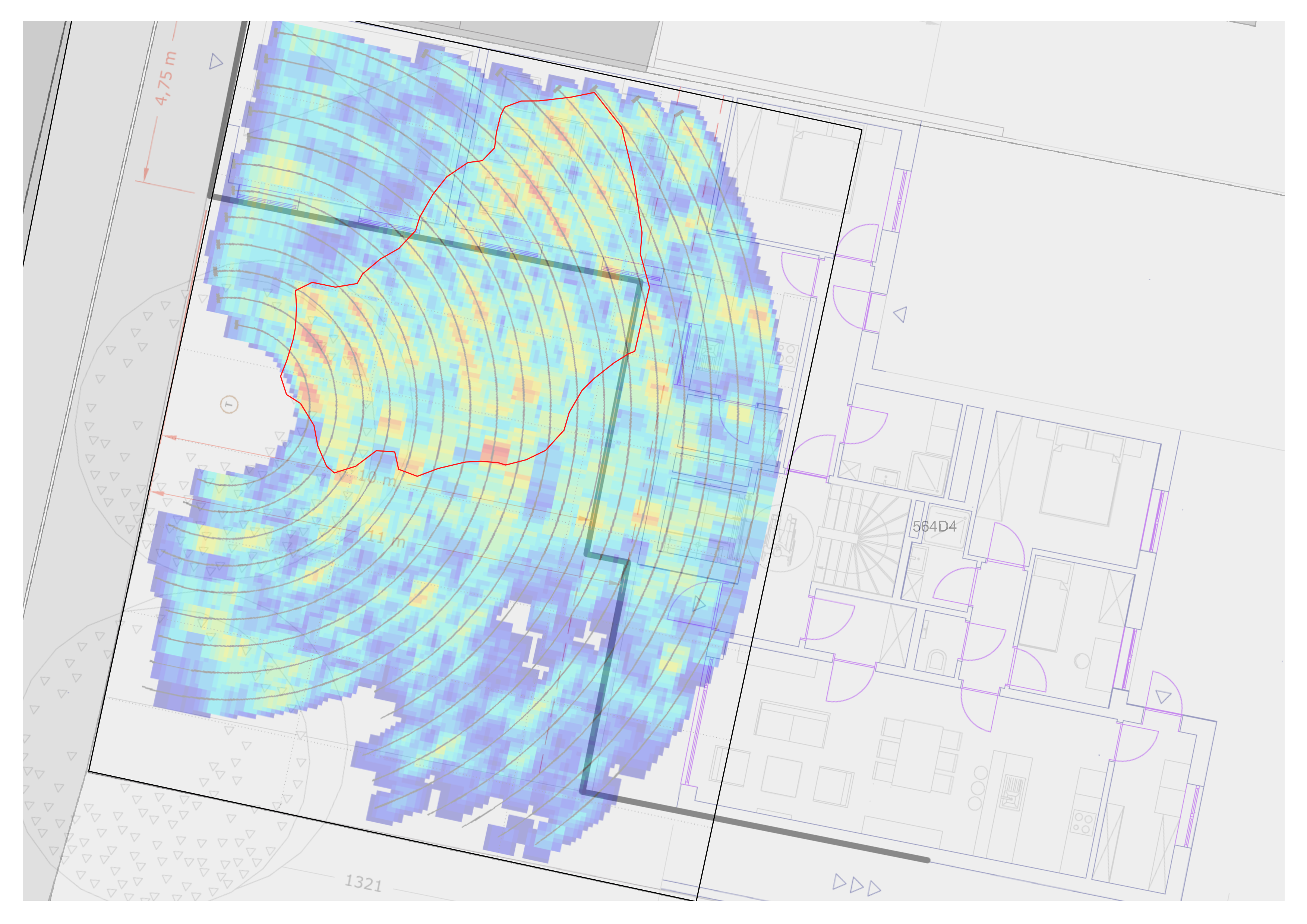 Kaart van een architect samen met de scan van de Tree Radar waarop de hotspots met wortels zichtbaar zijn